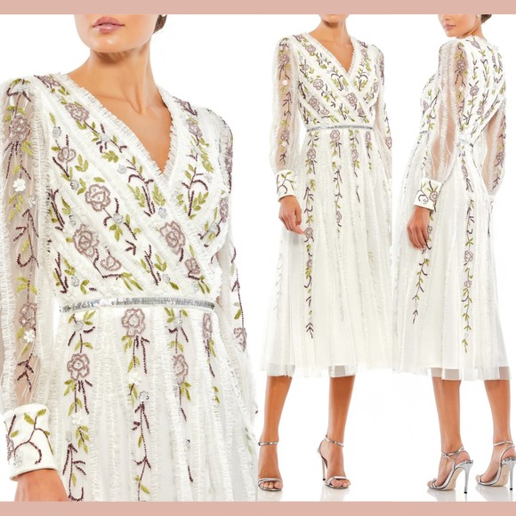 NWT Mac Duggal [ 12 ] 9133 Long Sleeve Embroidered Wrap‎ Midi Dress Ivory J1432 - Picture 2 of 14